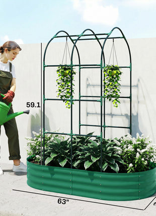 Galvanised Raised Garden Bed with Arched Trellis, 5 x 3 x 6ft Metal Outdoor Planter Box with Open Bottom, Green
