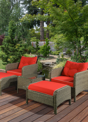 5 Pieces Rattan Wicker Lounge Chair Outdoor Patio Conversation Set with 2 Cushioned Chairs, 2 Ottomans and Tempered Glass Top Coffee Table, Brown/Red