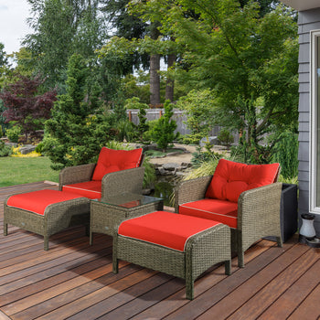 5 Pieces Rattan Wicker Lounge Chair Outdoor Patio Conversation Set with 2 Cushioned Chairs, 2 Ottomans and Tempered Glass Top Coffee Table, Brown/Red