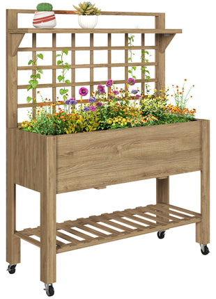 41" Raised Garden Bed Mobile Elevated Wooden Planter Box Stand with Wheels, Trellis and Storage Shelf, Dark Brown
