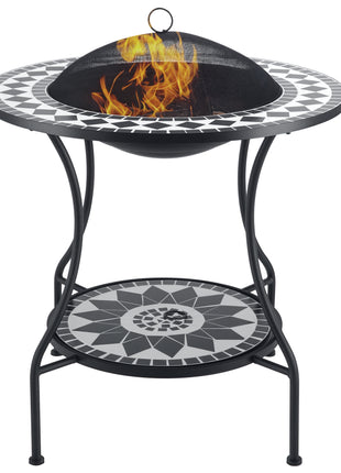 30" Outdoor Fire Pit Dining Table, 3-in-1 Round Wood Burning Fire Pit Bowl, Patio Ice Bucket with Storage Shelf, Spark Screen Cover for BBQ, Bonfire, Camping, Mosaic