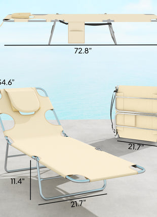 2 Tanning Chairs with Face Hole, 5-Level Adjustable Outdoor Chaise Lounge Chair with Pillow for Beach, Pool, Beige