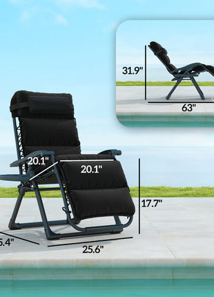 Zero Gravity Lounge Chair Set, 2 Pieces Reclining Folding Outdoor Lounge Chairs with Cushion, Headrest, Side Tray, Black