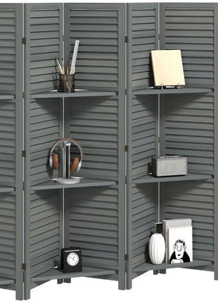 6 Panel 67" Tall Wood Privacy Screen Room Divider with 3 Shelves and Folding Storage for Bedroom, Gray