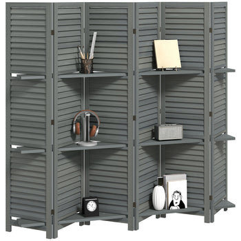 6 Panel 67" Tall Wood Privacy Screen Room Divider with 3 Shelves and Folding Storage for Bedroom, Gray