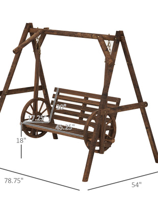 2-Seat Porch Swing with A-Frame Stand, Wooden Log Patio Swing Chair Bench with Wagon Wheel Armrests, Carbonized Brown