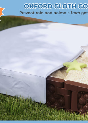 Kids Sandbox with Cover, 4 Corner Seats, Bottom Liner for Backyard, Garden, Outdoor, 71" x 42" W x 9", Dark Brown