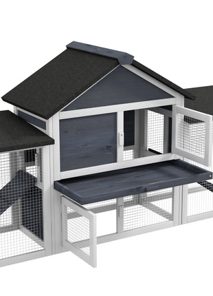 Outdoor Rabbit House 83" 2 Story Deluxe XL Wooden Rabbit Hutch, Big Bunny Cage w/ Ladder and Run, Dark Gray