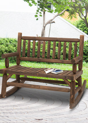 2-Person Wood Rocking Chair with Log Design, Heavy Duty Loveseat with Wide Curved Seats for Patio, Backyard, Garden, Walnut
