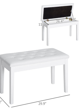 Piano Bench, Duet Piano Chair with Faux Leather Padded Cushion and Wooden Frame, Button Tufted Keyboard Bench, White