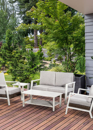 Aluminum Patio Furniture Set, 5 Piece Modern Outdoor Conversation Set with Loveseat Sofa, Chairs, Cushions, Coffee Table & Side Table, Gray