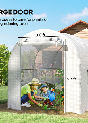 Hoop House Greenhouse, Walk-in Tunnel Greenhouse with 2 Support Rods, Zippered Roll-up Mesh Door, 14.6'x6.5'x6.6', White