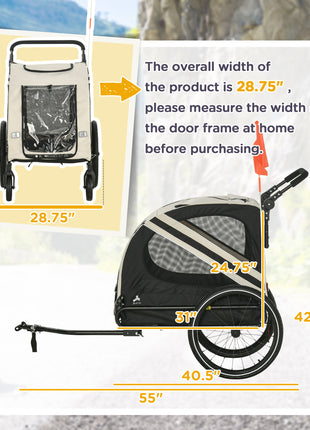 2-in-1 Pet Bike Trailer for Small Medium Dogs, Road-Visibility Dog Stroller Bicycle Carrier, Weather-Strong Bike Wagon Trailer Sidecar Attachment, White