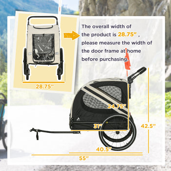 2-in-1 Pet Bike Trailer for Small Medium Dogs, Road-Visibility Dog Stroller Bicycle Carrier, Weather-Strong Bike Wagon Trailer Sidecar Attachment, White
