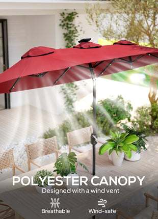 Double-sided Patio Umbrella, 9.7' Outdoor Umbrella with Tilt and Crank, LED Solar Light and 12 Ribs, Wine Red