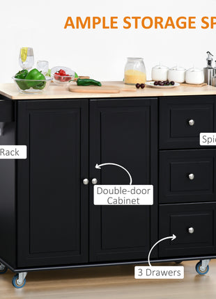 Storage Trolley Cart on Wheels, Mobile Kitchen Island with Drop Leaf, Towel/Spice Rack, 3 Drawers, 2-Door Cabinet, Black