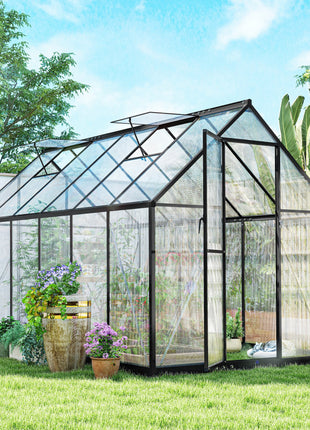 Polycarbonate Greenhouse with Swing Door and Two Adjustable Roof Vents, Aluminum Walk-in Greenhouse, 11x6 ft, Black