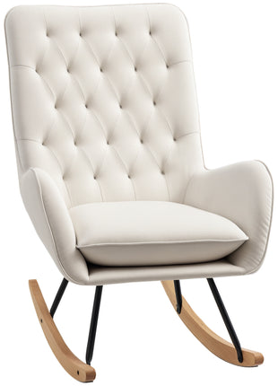 Mid-Century Fabric Rocking Chair Sofa Armchair Tufted Rocker Wingback Accent Chair with Padded Seat, Rubber Wood Base for Home Studio, Bedroom, Living Room, Cream White