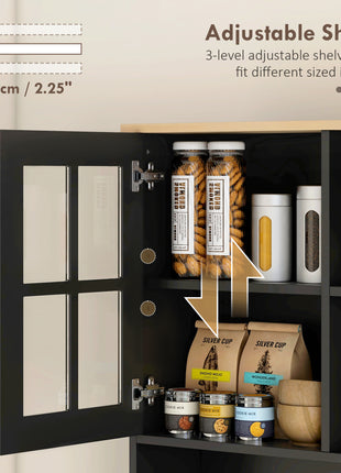 Kitchen Pantry Storage Cabinet, 72" Freestanding Cabinet with Hutch, Large Countertop, Glass Doors and Adjustable Shelves for Dining Room, Black