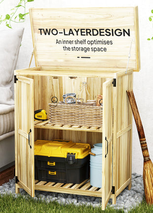 Outdoor Storage Cabinet, Garden Tool Shed with Metal Tabletop, Shelf, Wooden Potting Bench with 2 Doors, Natural Wood