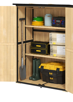 Wood Storage Shed, Outdoor Garden Shed with Asphalt Roof, 2 Shelves, Lockable Doors and Adjustable Feet, Natural