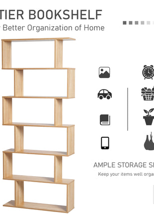 75.5" H Bookcase 6 Shelf S-Shaped Bookshelf Wooden Storage Display Stand Shelf Organizer Free Standing, Oak
