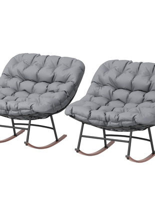Outdoor Rocking Chair Patio Set of 2, Oversized Rocking Papasan Chairs with Cushions for Garden Porch, 265 lbs., Gray