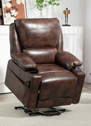 Power Lift Chair for Elderly, Faux Leather Recliner Sofa with Vibration Massage and Heat, Remote, Side Pockets, Brown
