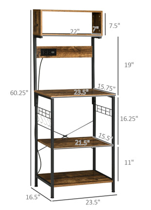 Kitchen Bakers Rack with Power Outlet, USB Charger, Microwave Stand, Coffee Bar with Adjustable Shelves, 5 Hooks for Spices, Pots and Pans, Rustic Brown