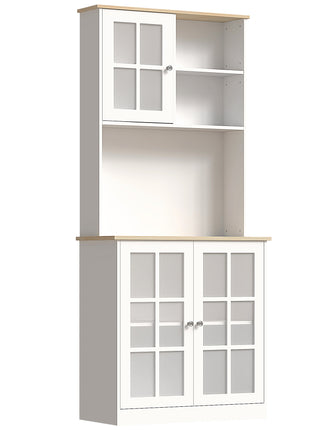 Kitchen Pantry Cabinet, 72" Freestanding Storage Cabinet with Hutch, Large Countertop, Glass Doors and Adjustable Shelves, Microwave Cabinet, Coffee Bar Cabinet for Dining Room, White