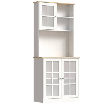 Kitchen Pantry Cabinet, 72" Freestanding Storage Cabinet with Hutch, Large Countertop, Glass Doors and Adjustable Shelves, Microwave Cabinet, Coffee Bar Cabinet for Dining Room, White