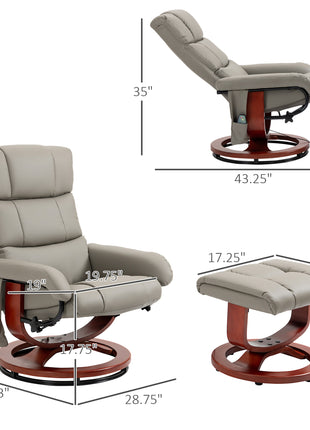 Massage Recliner Chair with Ottoman, Swivel Recliner and Footrest, Faux Leather Reclining Chair with Remote Control, 10 Vibration Point and Side Pocket, Gray