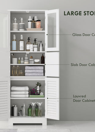 Freestanding Bathroom Cabinet with Glass/Louvred Doors, Tall Bathroom Storage Cabinet with Adjustable Shelf, White