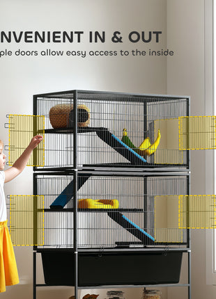 59" 5-Level Small Animal Cage, Rolling Ferret Cage with 6.3" Deep Tray, Non-Slip Cloth Covered Ramps, Hammock, Dark Gray