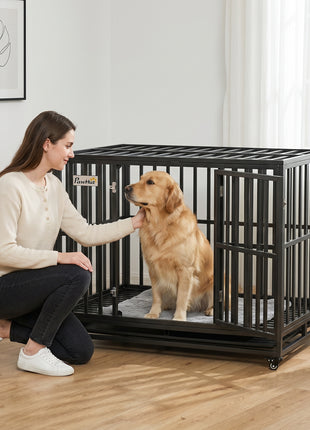 45" Heavy Duty Dog Crate, Escape-Proof Steel Kennel with Wheels, Black