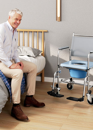 Rolling Shower Chair, Bedside Commode Wheelchair with Padded Seat, Backrest, for Seniors, Disabled, 300 lbs, Gray