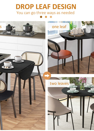 Folding Dining Table, Round Drop Leaf Kitchen Table for Small Spaces with Wood Legs, Black