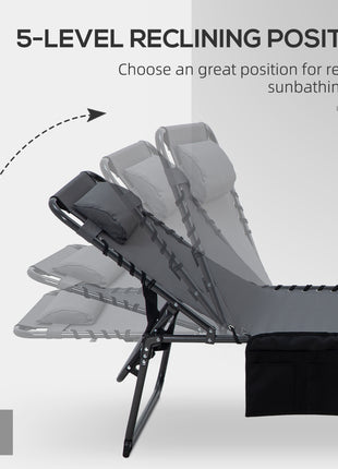 2 Piece Folding Chaise Lounge Pool Chairs with 5-level Reclining Back, Reading Hole, Side Pocket, Gray