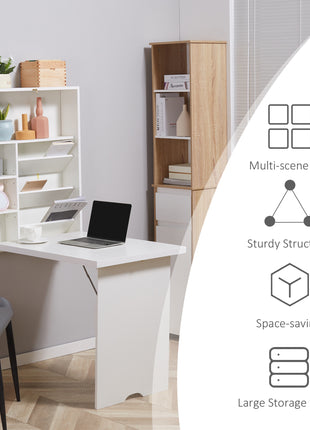 Wall Mounted Fold Out Convertible Desk, Multi-Function Floating Desk with Storage Shelf for Home Office, White