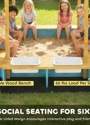 Wooden Sandbox with Dinosaur Print Canopy Kids Sandbox Outdoor with Bench Seats & 2 Storage Bins