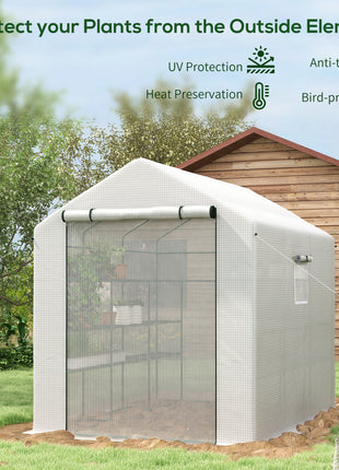 8' x 6' x 7' Portable Walk in Greenhouse with Mesh, Door, Windows, 18 Shelf, Trellis, Plant Labels, White