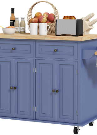 Kitchen Island on Wheels, Rolling Cart with Rubberwood Top, Spice Rack, Towel Rack and Drawers, Navy Blue
