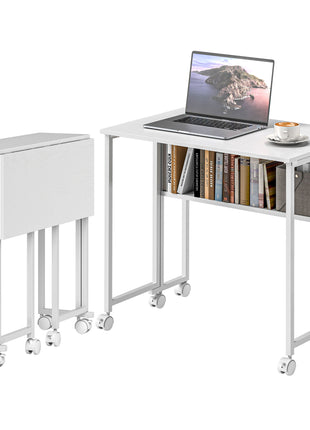 Folding Computer Desk, Foldable Desk with Storage Bag, Shelf and Wheels for Small Spaces, Home Office, White