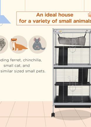 45" H Rolling Small Animal Cage with Hammock, Ferret Cage, Chinchilla Cage, Pet Habitat with 6 Doors, Removable Tray