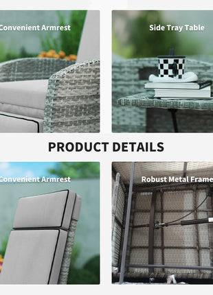 Outdoor Recliner Chair with Cushions, Reclining Patio Lounge Chair with Adjustable Footrest, Armrests, Tray Table, Gray