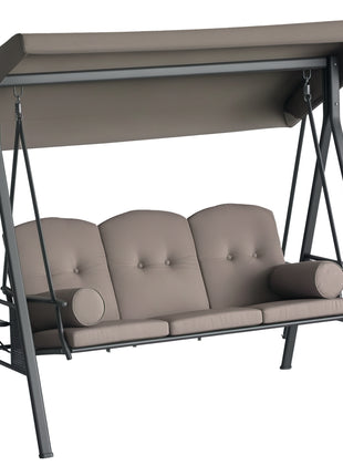 3-Seat Patio Swing Chair, Outdoor Porch Swing Glider with Adjustable Canopy, Removable Cushion, Pillows and Side Trays, for Garden, Poolside, Backyard, Brown