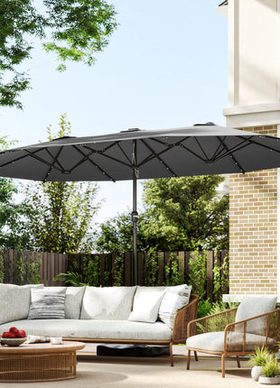 Garden Parasol 14.4ft Double-Sided Sun Umbrella with Base, Patio Parasol with LED Solar Lights, Gray