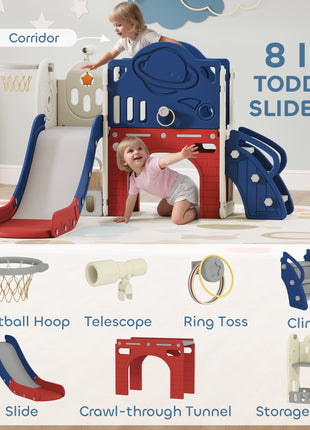 8-in-1 Toddler Slide Set with Basketball Hoop, Indoor Outdoor Playground Playset for Kids, Blue