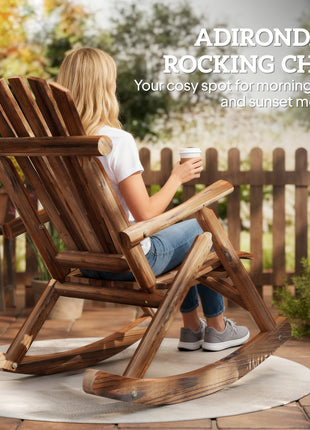Outdoor Wooden Rocking Chair, Single-Person Adirondack Rocking Patio Chair with Rustic High Back, Slatted Seat and Backrest for Indoor, Backyard, Garden, Carbonized