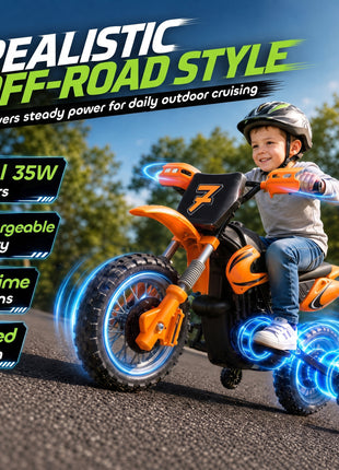 12V Kids Motorcycle, 2 x 35W Electric Dirt Bike with Training Wheels, Rear Suspension, Horn for 3-6 Years, Orange